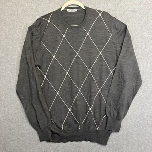 Gran Sasso Men's Large Argyle Sweater Pullover Merino Extra Fine Gray Grandpa